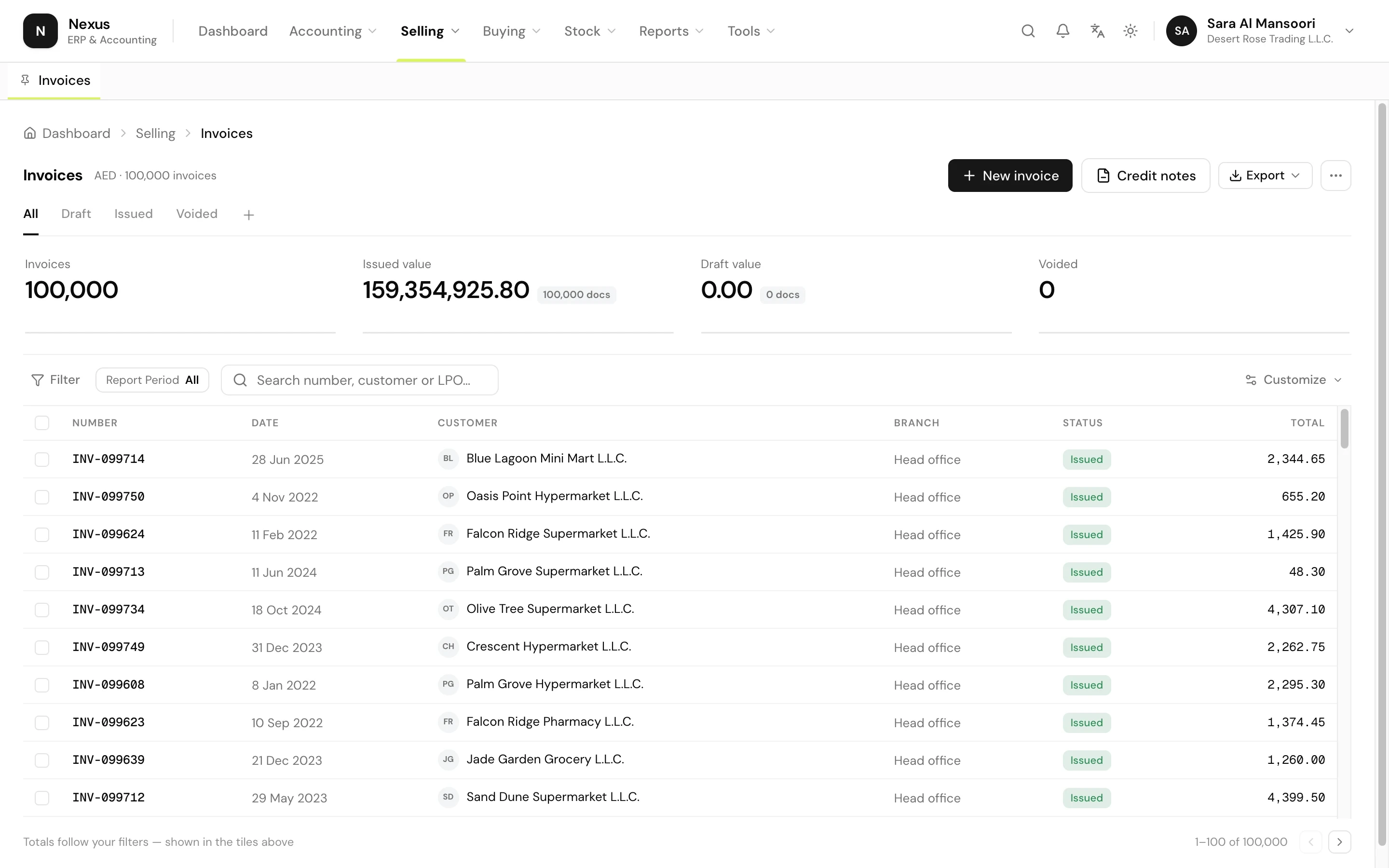 Nexus invoices screen with 100,000 issued invoices